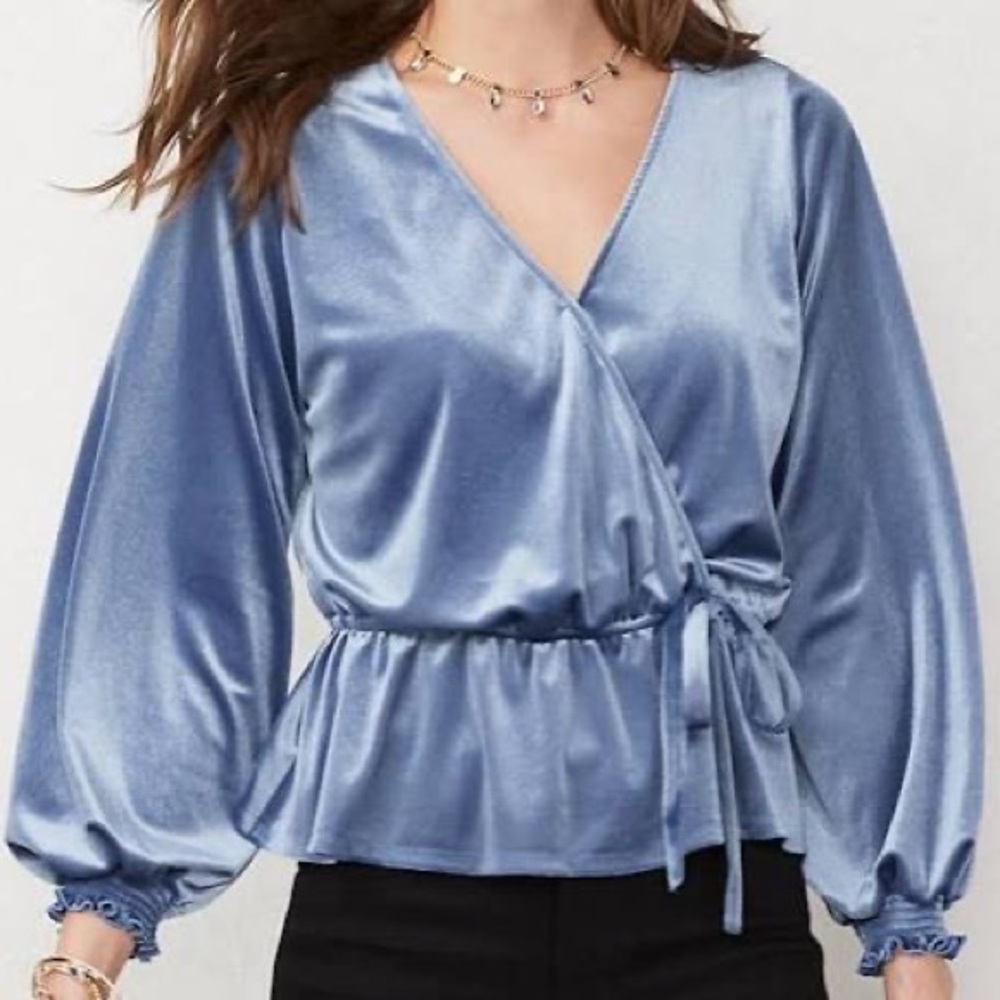 Lauren Conrad blue peplum faux velvet top